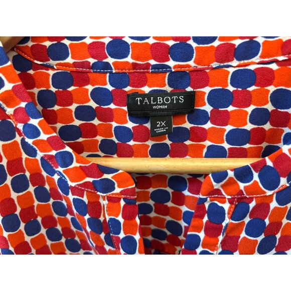 Talbots Geometric Red Blue Print Long Sleeve Button Blouse Classic Chic Top 2X - Picture 3 of 7